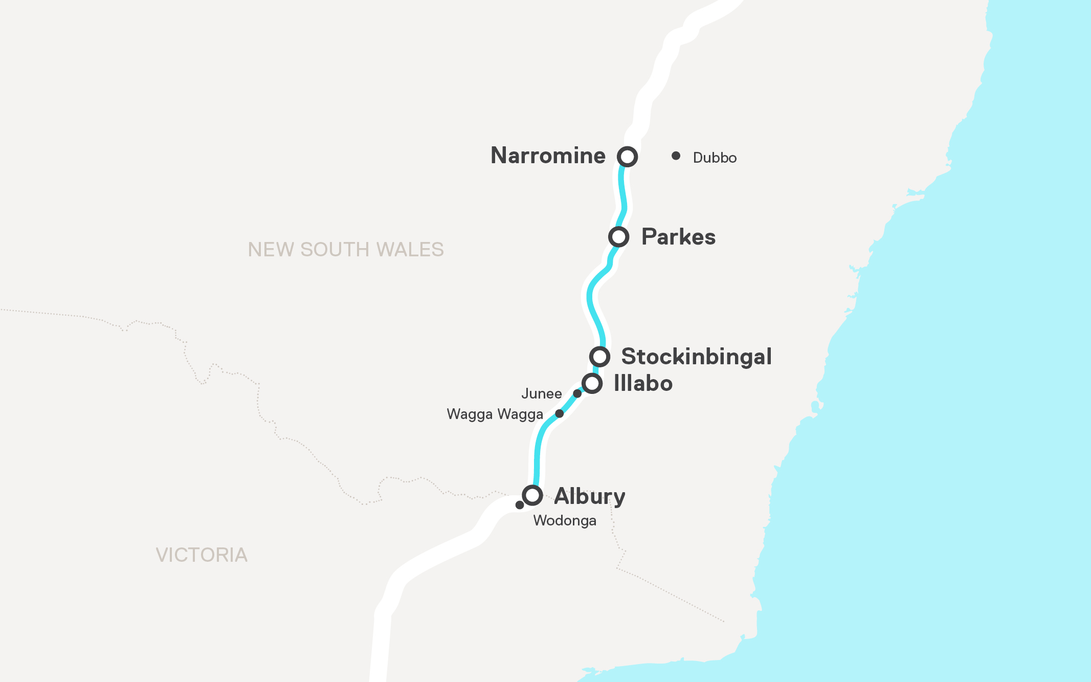 A map of southern NSW showing a line from the boarder at Albury to Parkes.