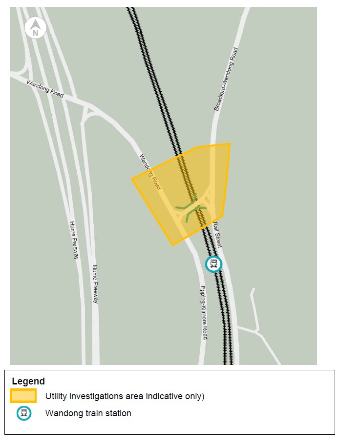 Map showing a work area stretching over a railway track.