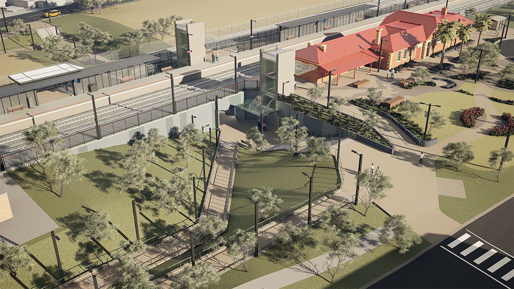 An illustration of a train station with a parkland area and paved paths leading to it.