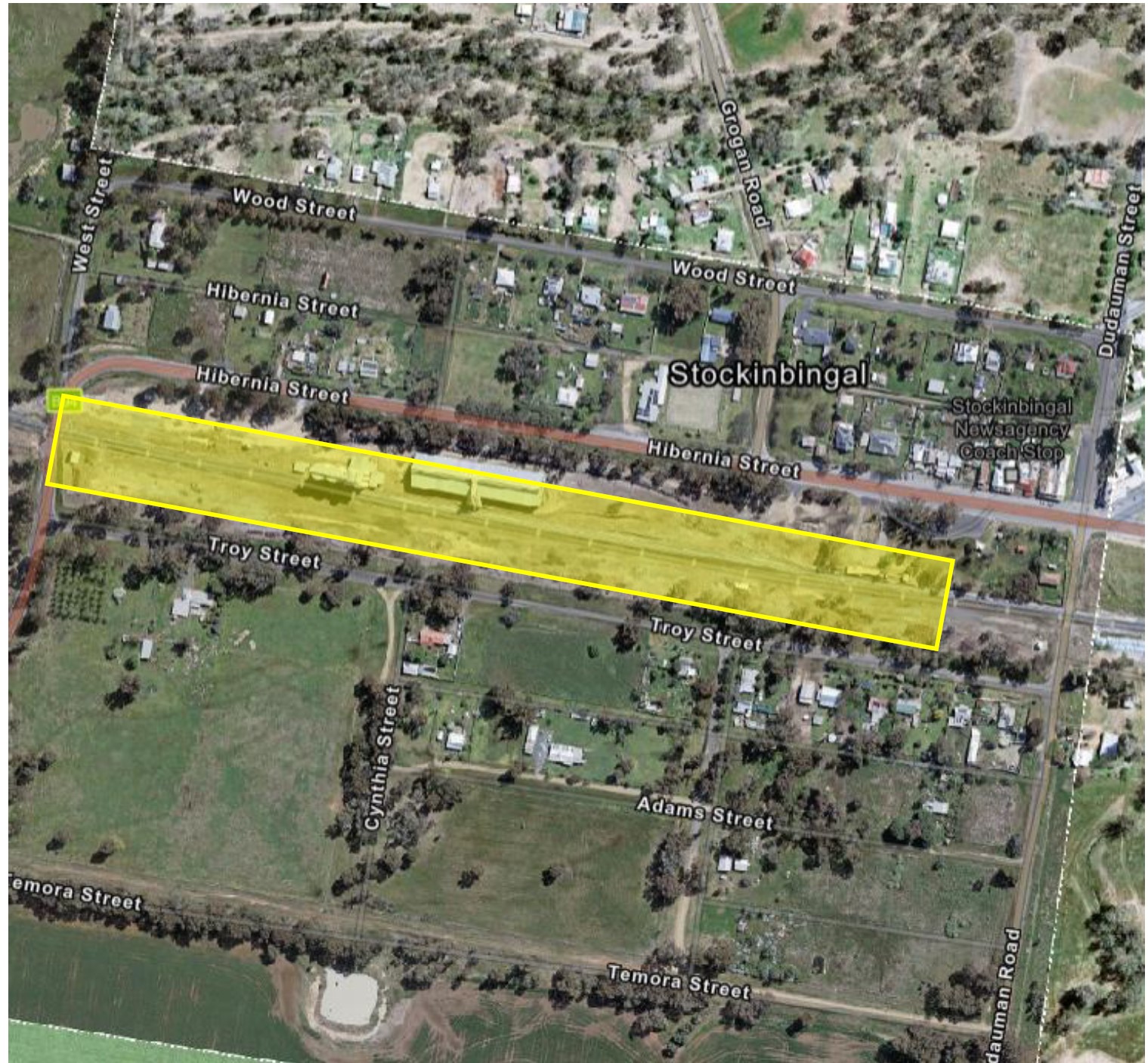 A map showing works area around the stockinbingal rail line