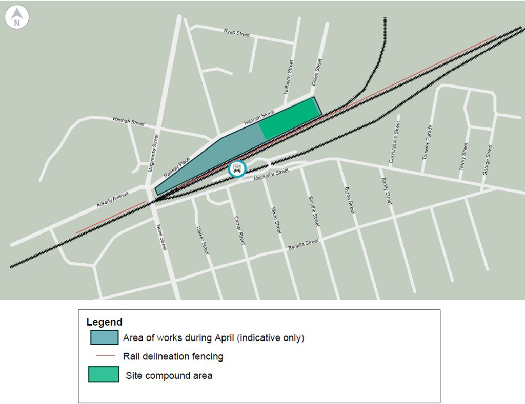 A map showing a work area around the Benalla Station.