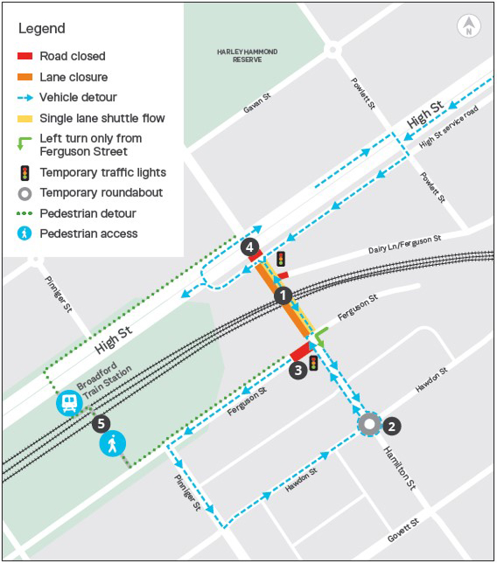 Map showing road closures and detours around Hamilton Street, Broadford Victoria