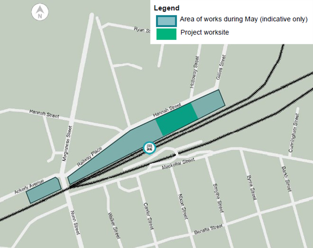 A map showing a work area around the Benalla Station.