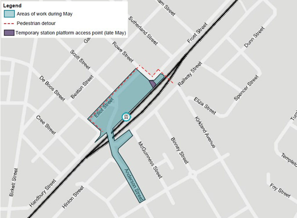 Map showing location of works and access changes around Euroa station