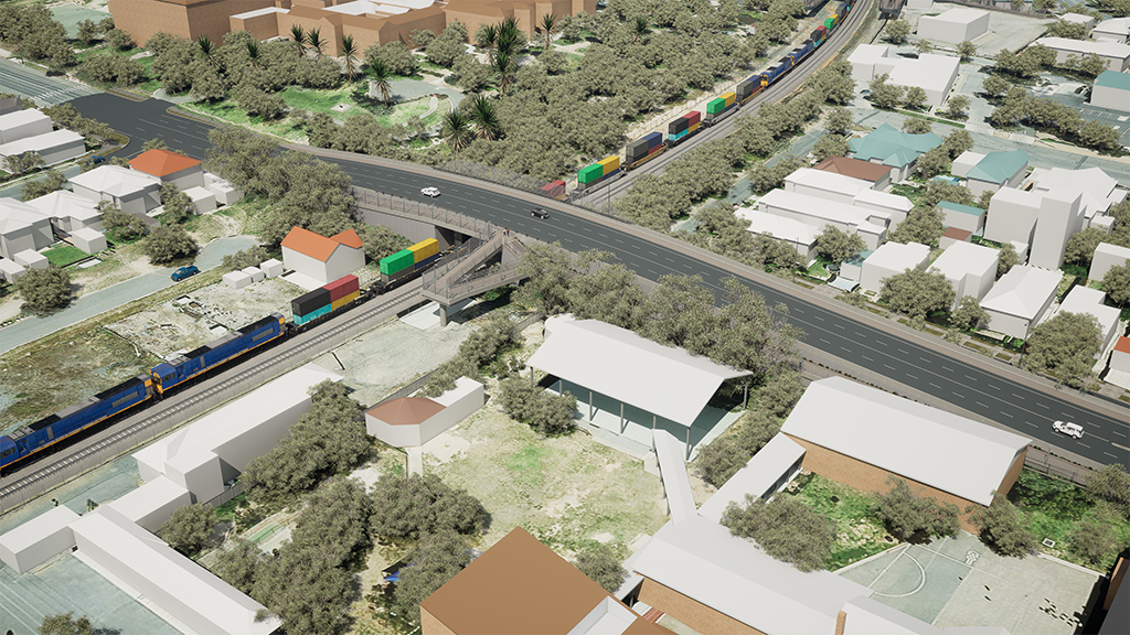 Visualisation of a road bridge over a double-stacked train on a railline