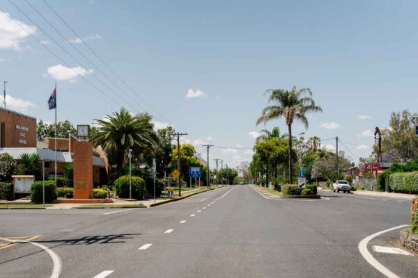 A town centre with a main street, with palm trees down the centre strip. A brick civic building is to one side of the road.