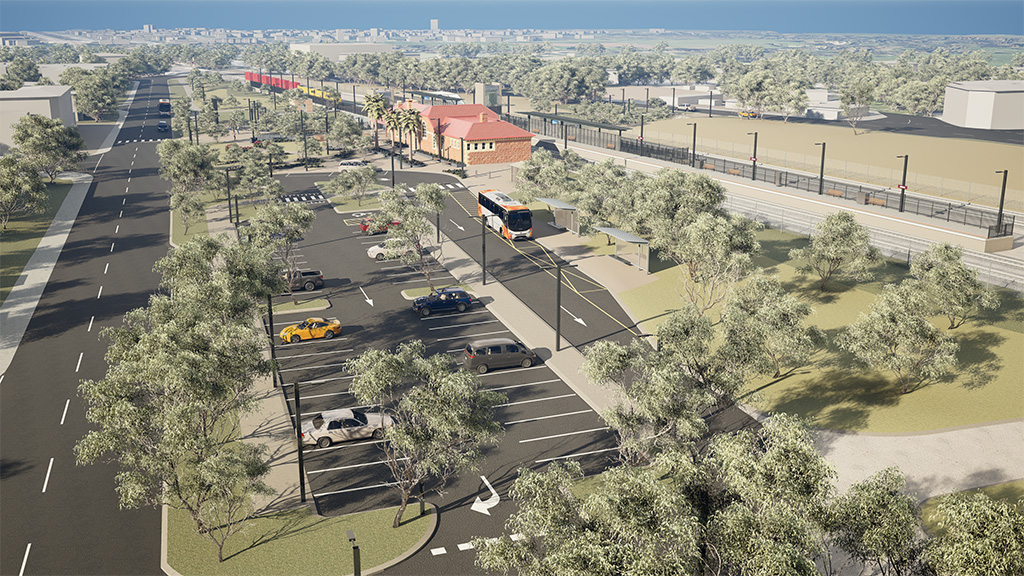 A visualisation of a carpark at a train station, with a bus stop.