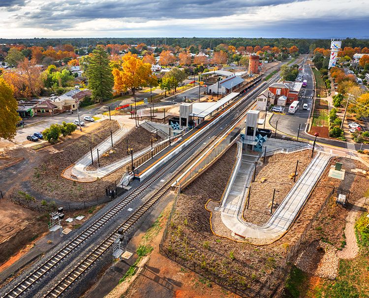 Newly constructed railway station with two pedestrian paths and underpass