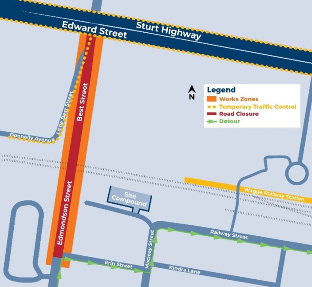 Map showing work zones, temporary traffic control, road closure and detours around Edmondson Street, Wagga Wagga