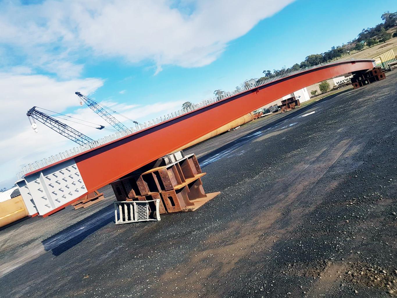 Hamilton Street bridge beam on its way to Broadford for installation in late July 2025.