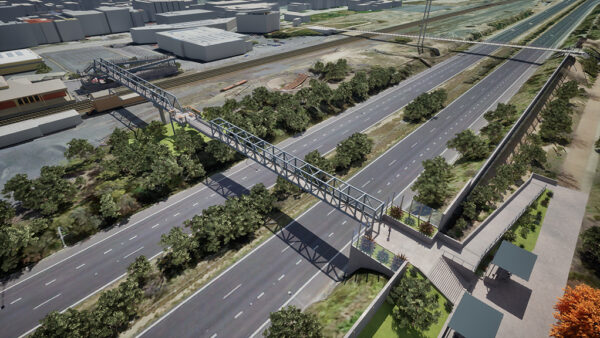 Aerial shot of a footbridge visualisation over a rail line and two roads