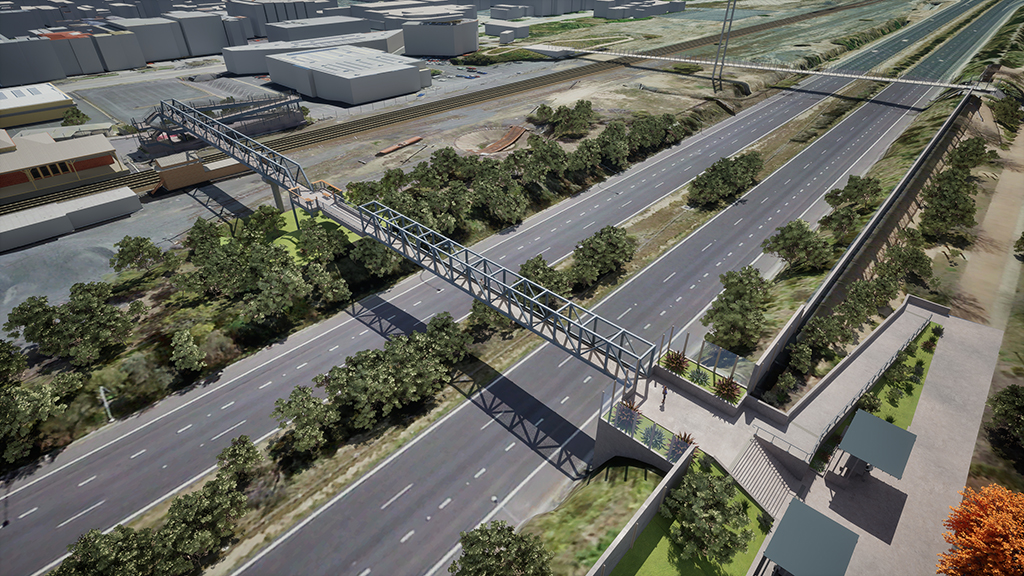 Aerial shot of a footbridge visualisation over a rail line and two roads
