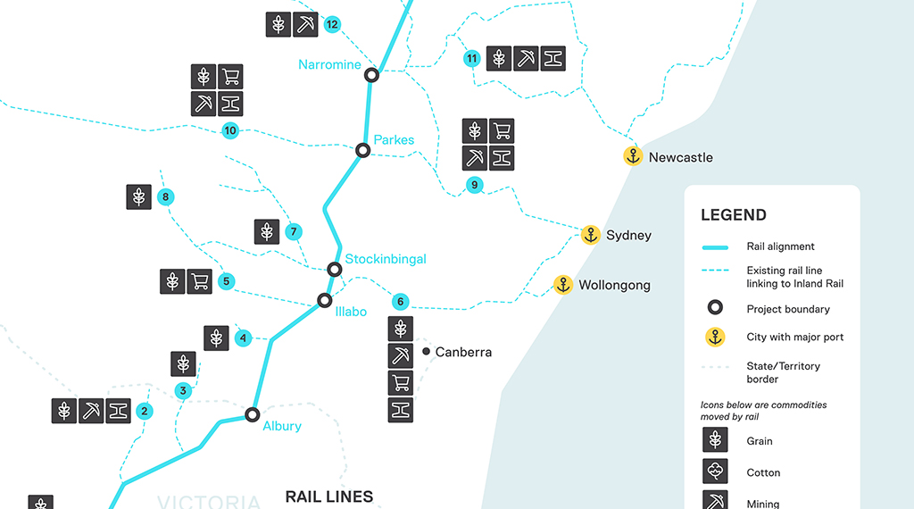 Map of Victoria and New South Wales with a multiple blue solid and dotted lines with many symbols and legends
