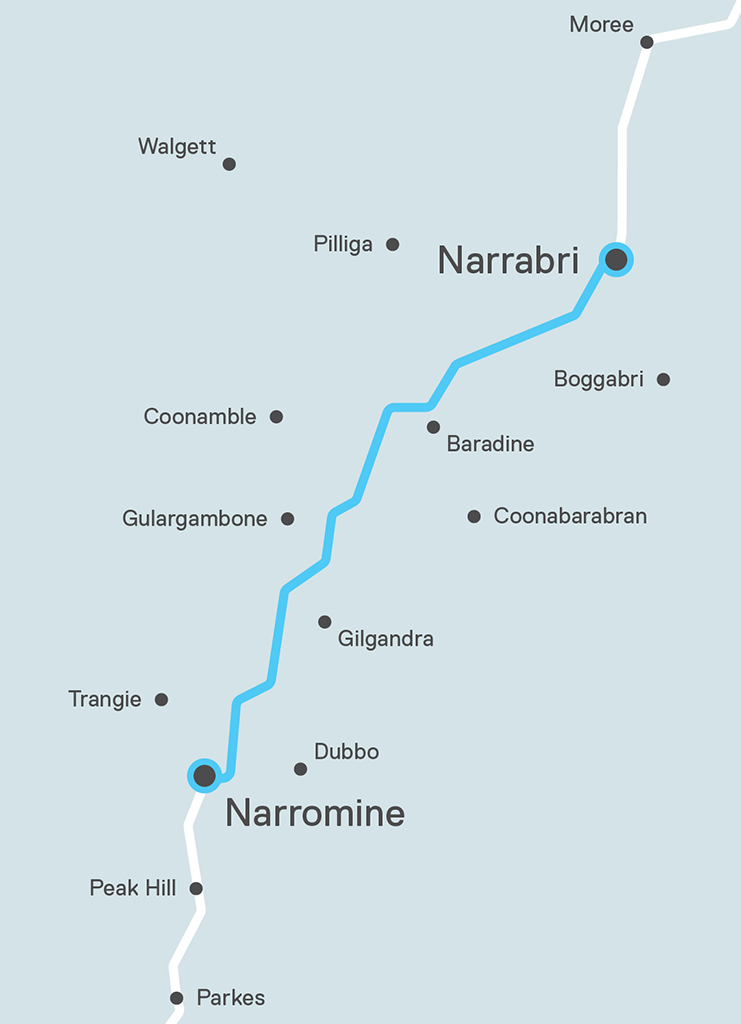 Map showing Inland Rail route from Narromine to Narrabri. in northern New South Wales, Australia.