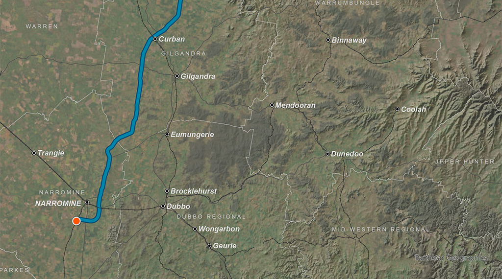 Topography map showing a blue line, red dot and some town names, rail lines and roads.