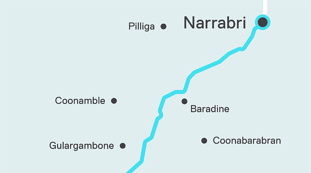 Simple map showing a blue line, a large dot with Narrabri text next to it and a number of other dots and town names.