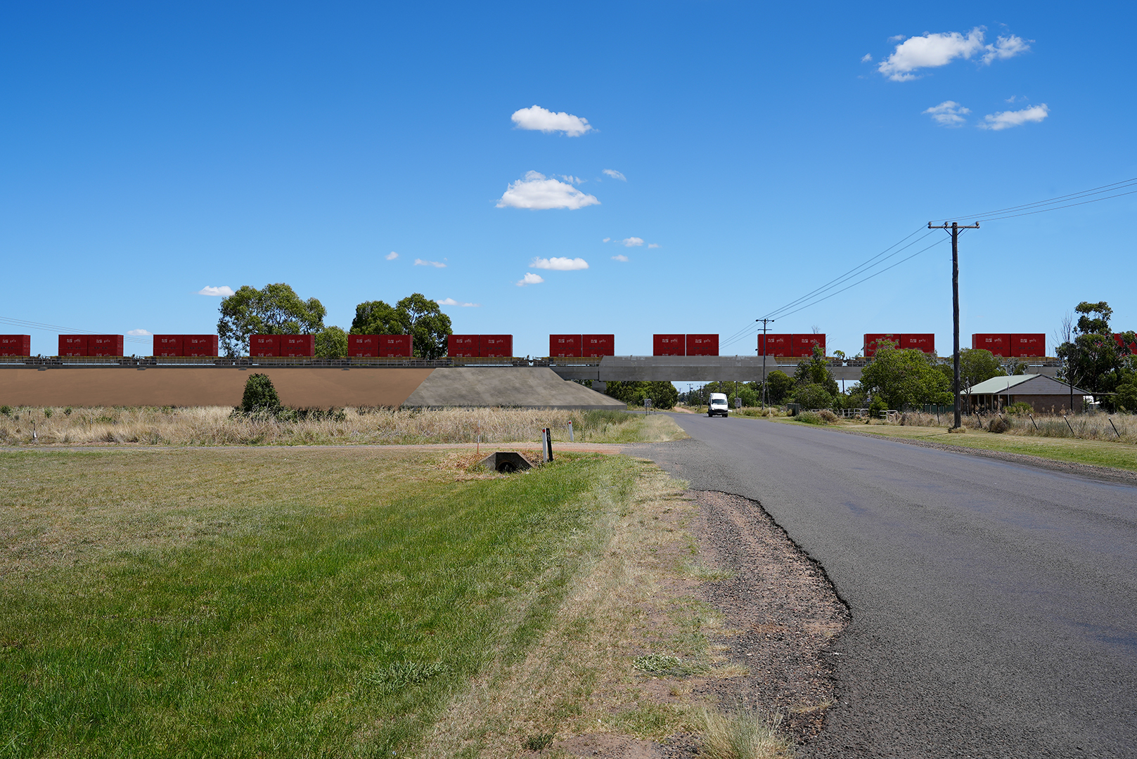 A visualisation of an embankment leading to an overbridge over Yarrie Lake Road, Narrabri