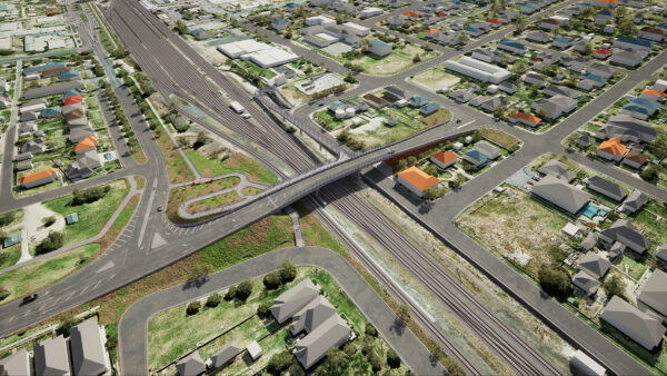Aerial shot of a bridge visualisation over a rail line