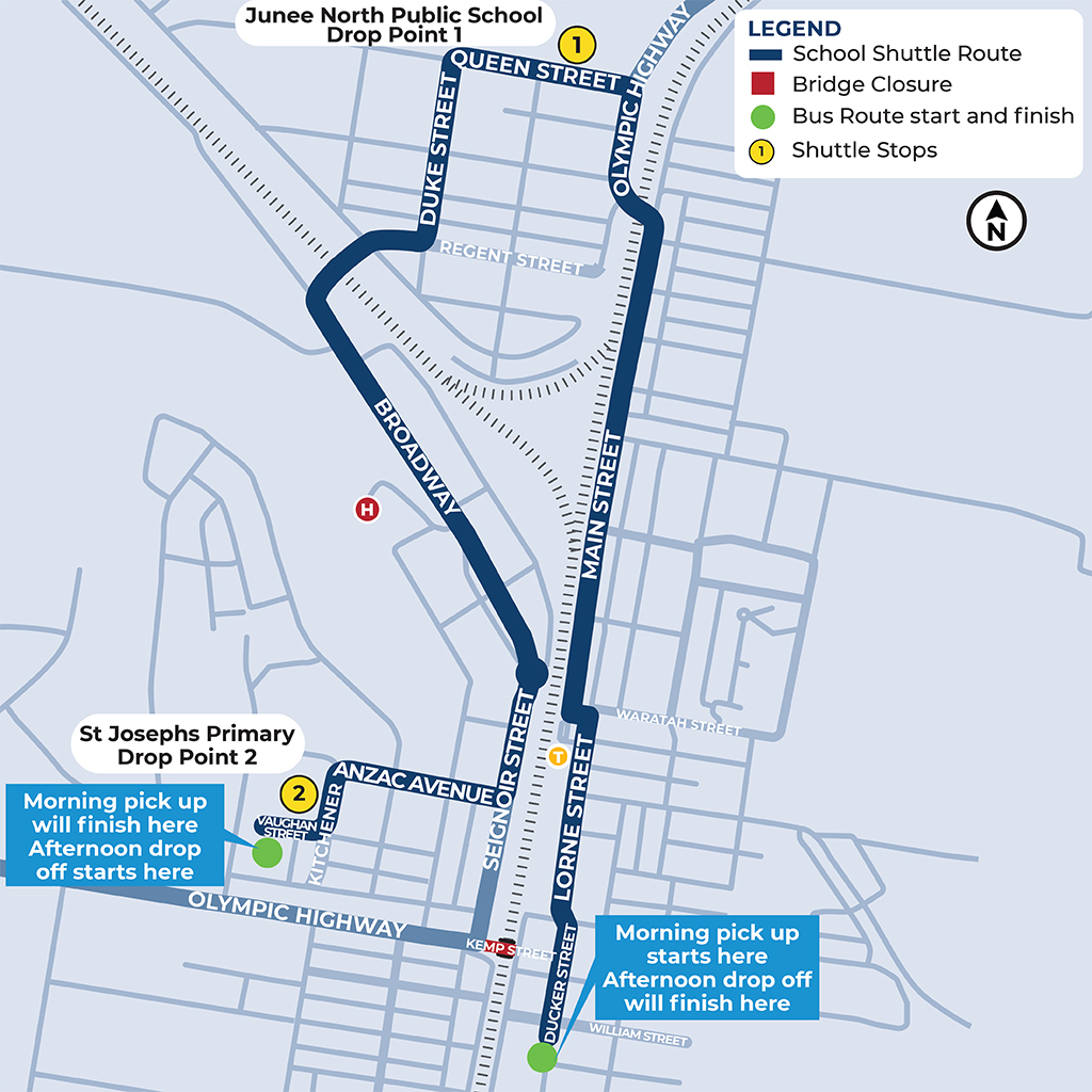 Map of Junee showing school shuttle route