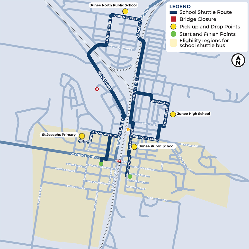 Map of Junee showing school shuttle route and stops