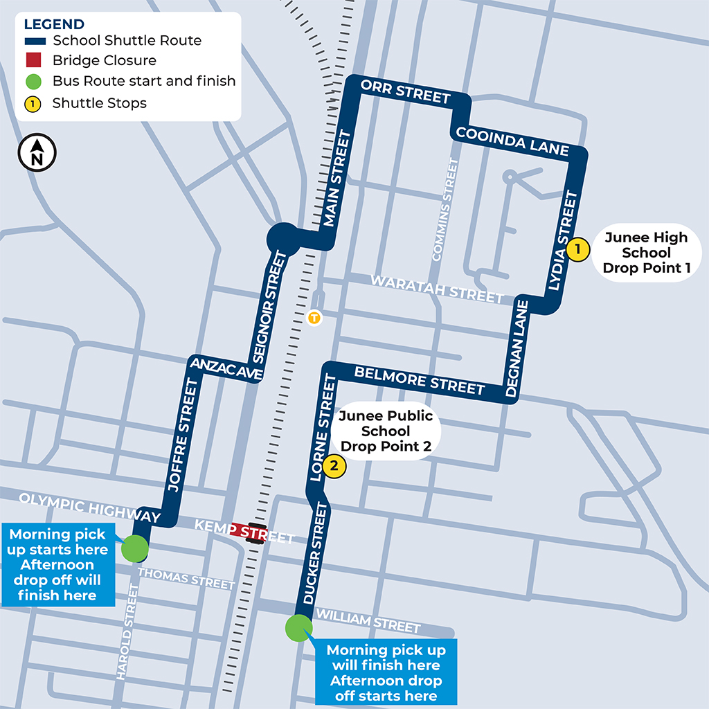 Map of Junee showing school shuttle route and stops