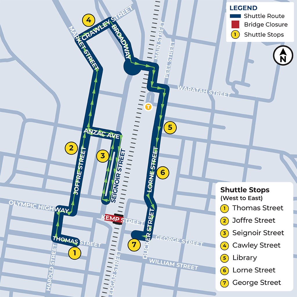 Map of Junee showing shuttle route and stops from West to East