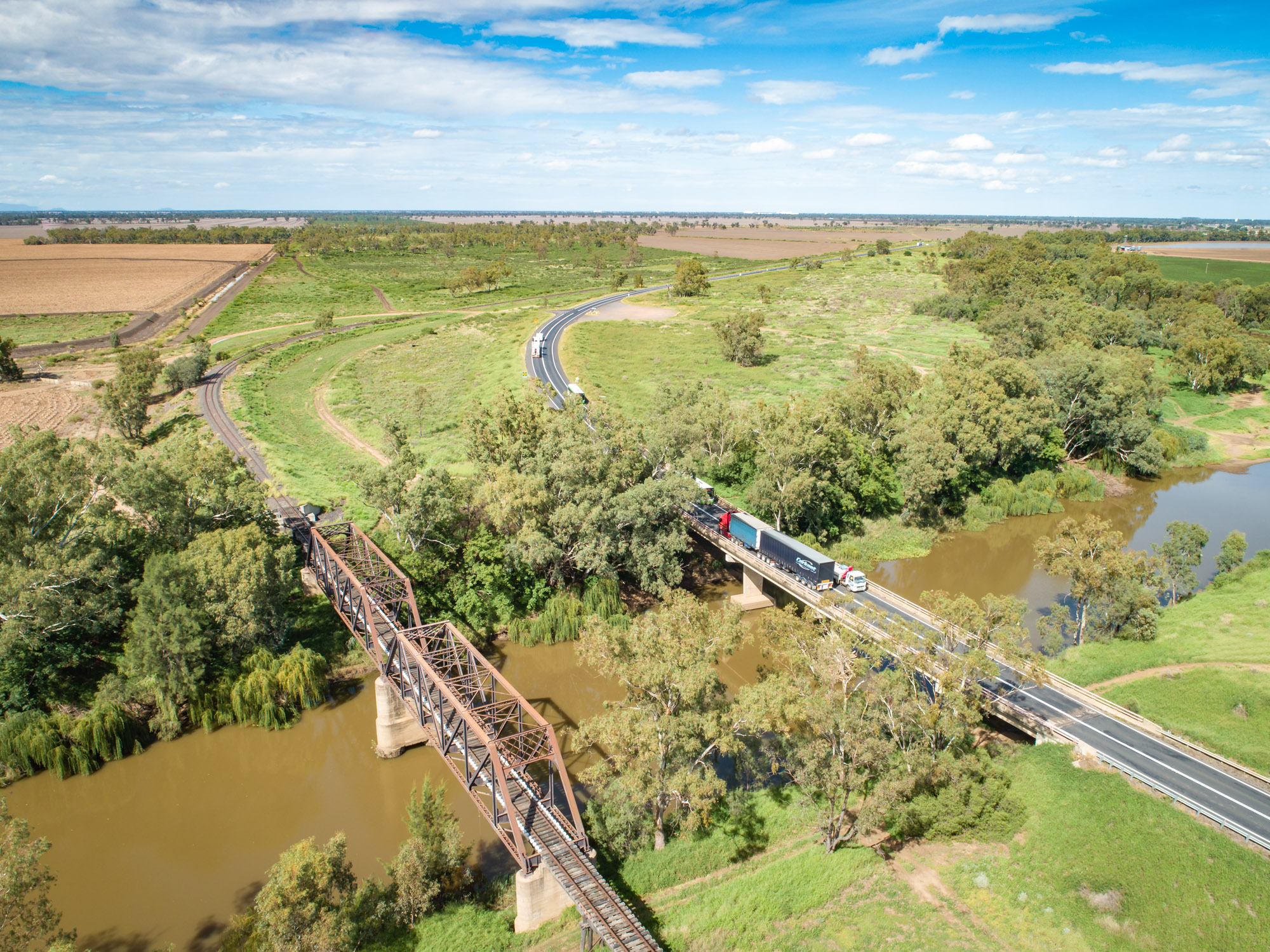 Aerial view of Gwydir River rail bridge, Moree, NSW