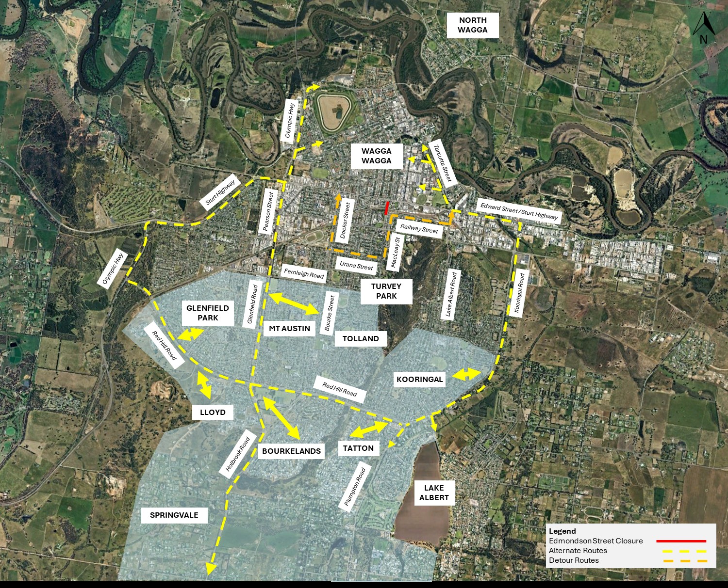 A map showing alternative routes for traffic in Wagga during the trial closure of Edmondson St Bridge.