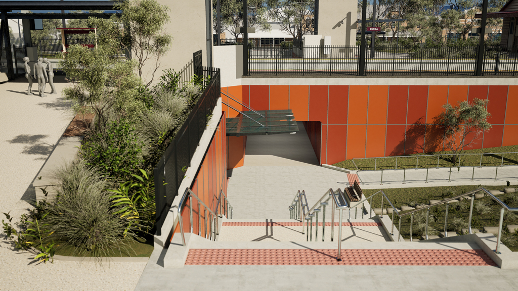 An illustration of the entry to an underpass in a station area.