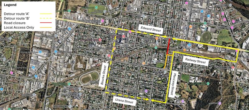 Satellite overview of Edmondson Street bridge highlighting detour