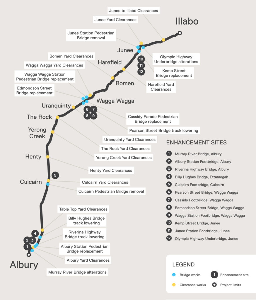 A map showing the Inland Rail route from Albury to Illabo, including the worksites at places such as Wagga Wagga and Junee.