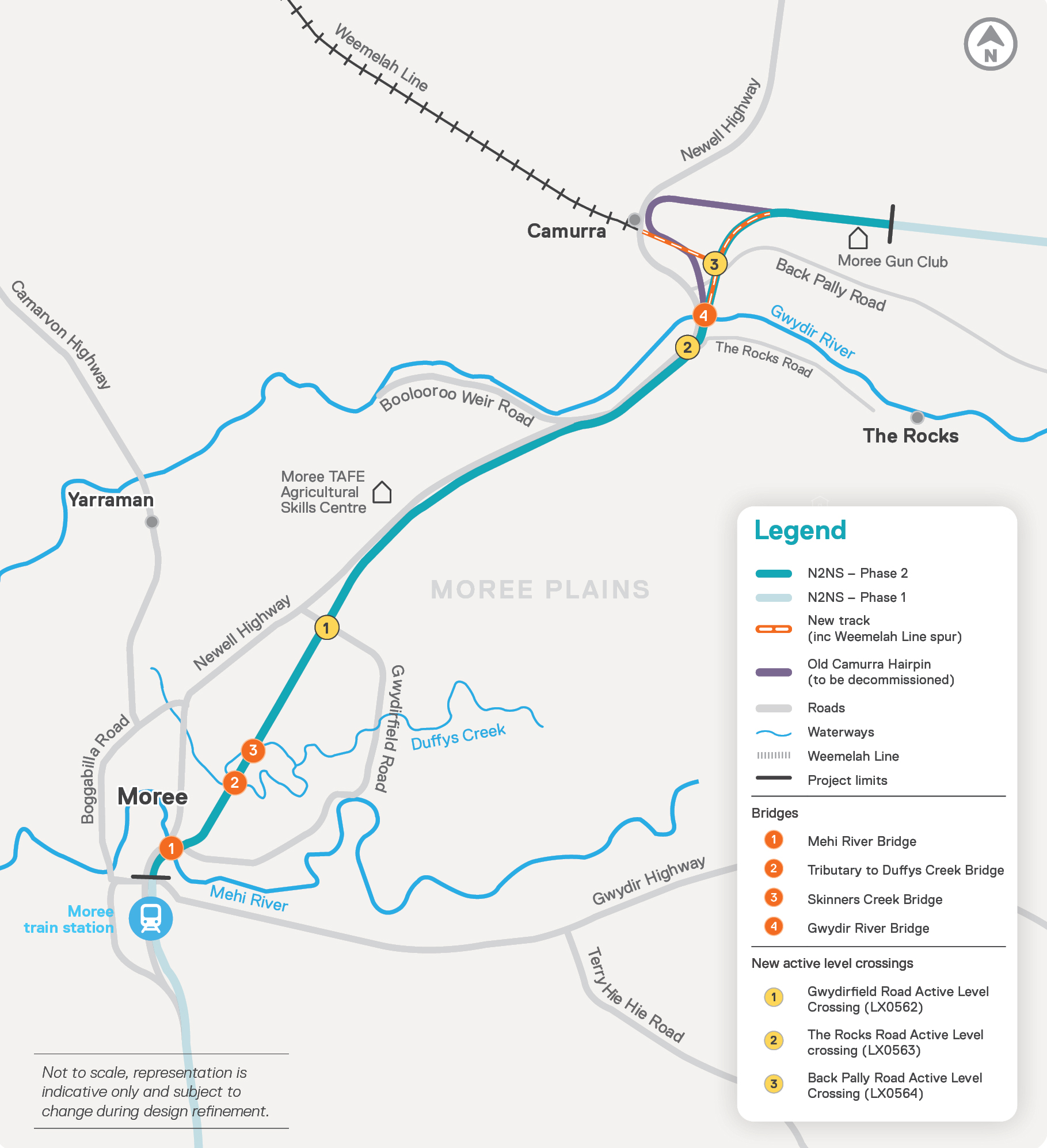 A map showing the Inland Rail alignment from the Mehi River through Moree and to the Gwydir River, and on to the area next to Moree Gun Club.