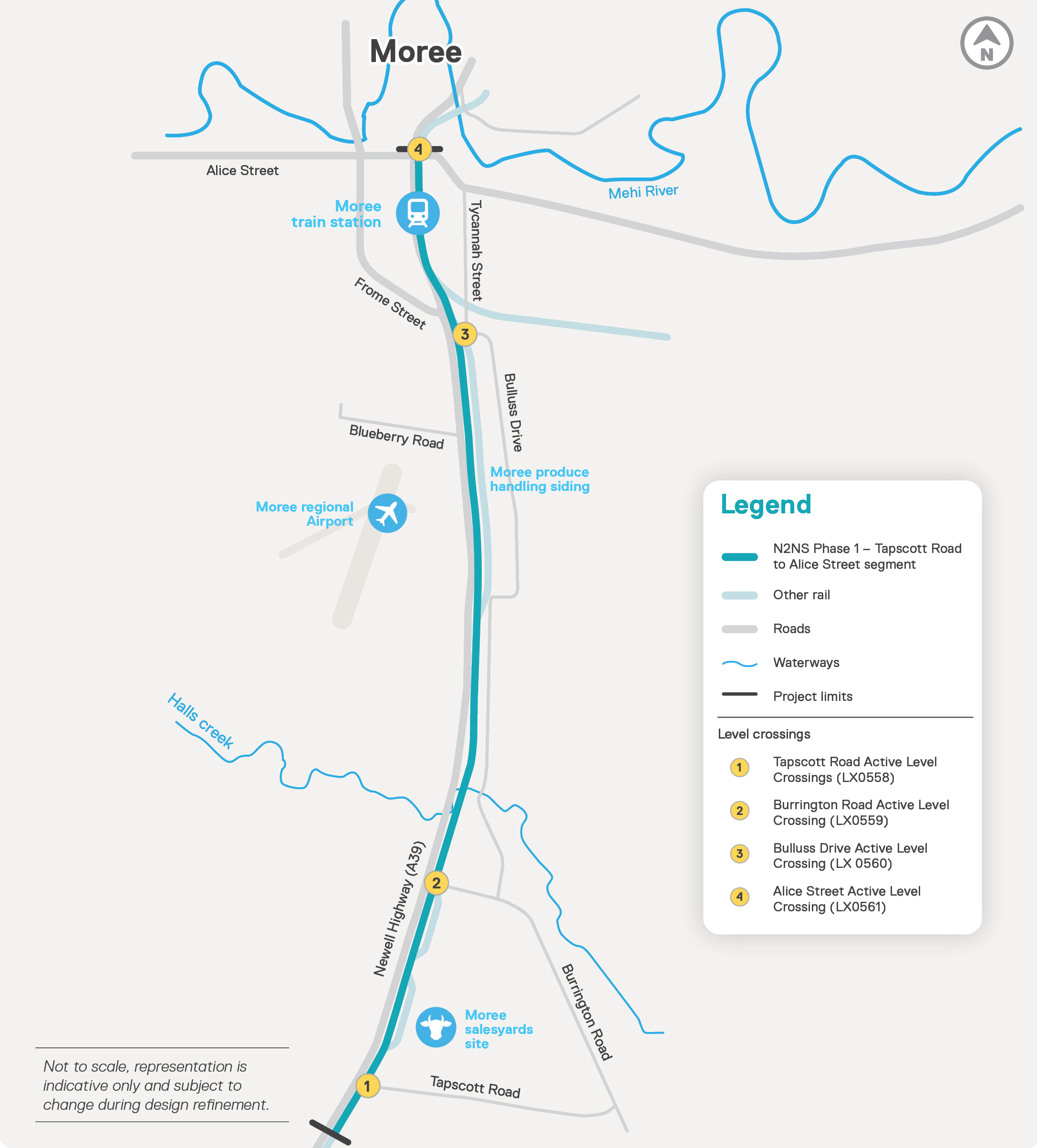 A map showing the Inland Rail route from Tapscott Rd near the Moree Salesyard site, to Moree, past the Moree Train Station. There are four level crossings marked on the route, which connects to the rest of the Inland Rail line.