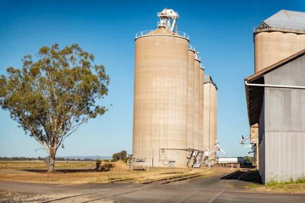 A row of concrete silos next to sheds, in a rural landscape.