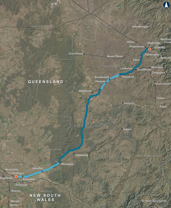 A map showing the route of Inland Rail from the border to the town of Gowrie.