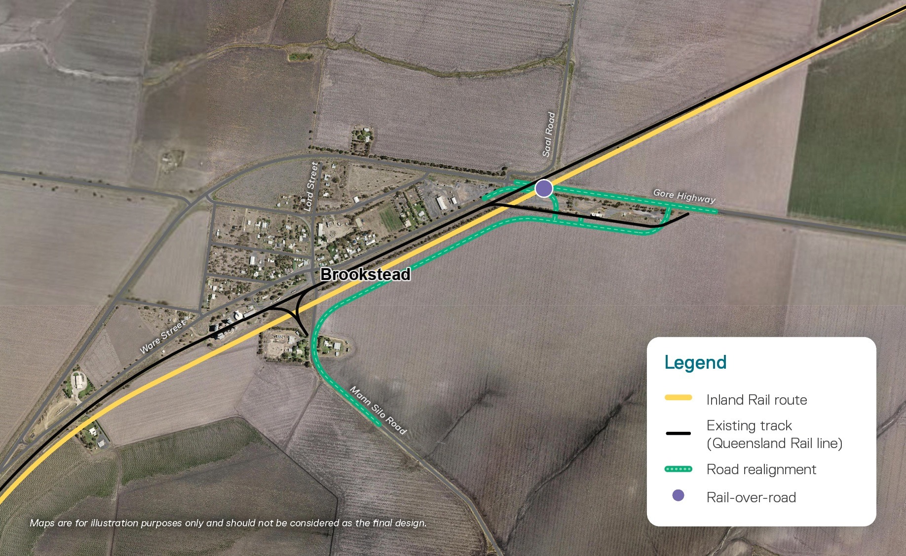 A map of the Inland Rail alignment near Brookstead in Queensland.