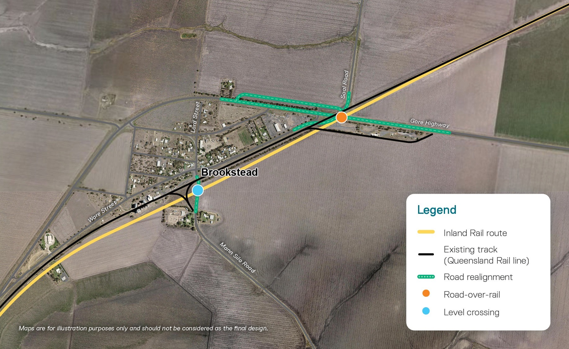 A map showing a proposed rail line alignment near Brookstead in Queensland.