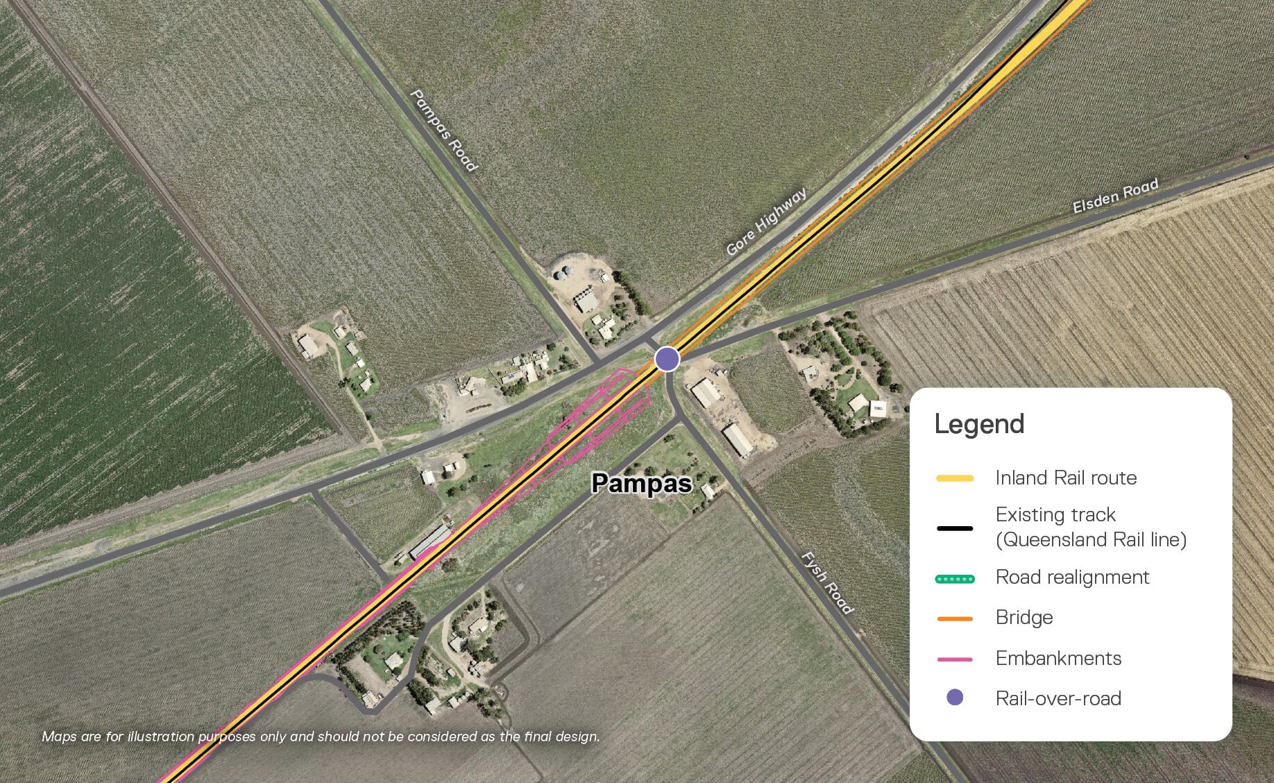 A map showing a proposed rail alignment at Pampas in Queensland.