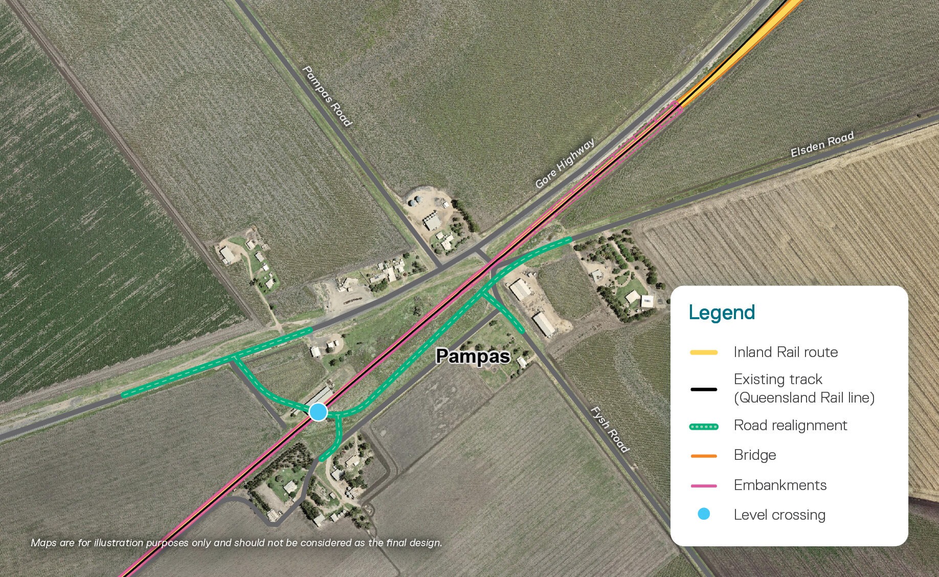 A map showing a proposed rail line at Pampas in Queensland.