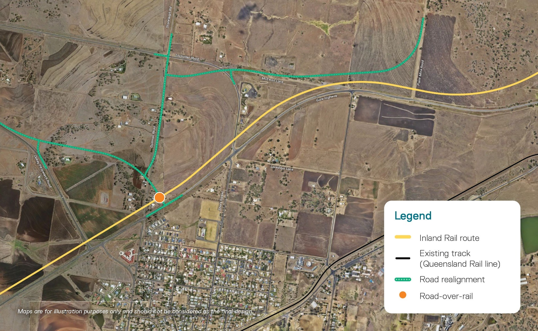 A map showing a proposed rail line near the Pittsworth township in Queensland.