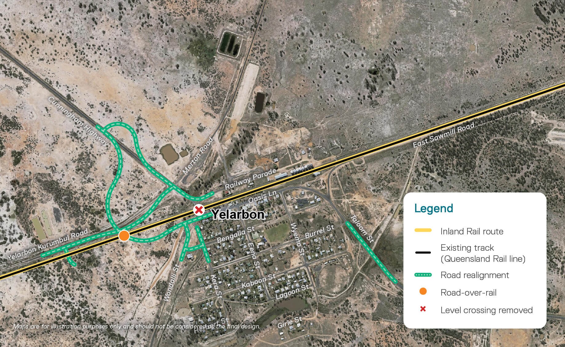 A map showing a proposed rail line near the town of Yelarbon, Queensland.