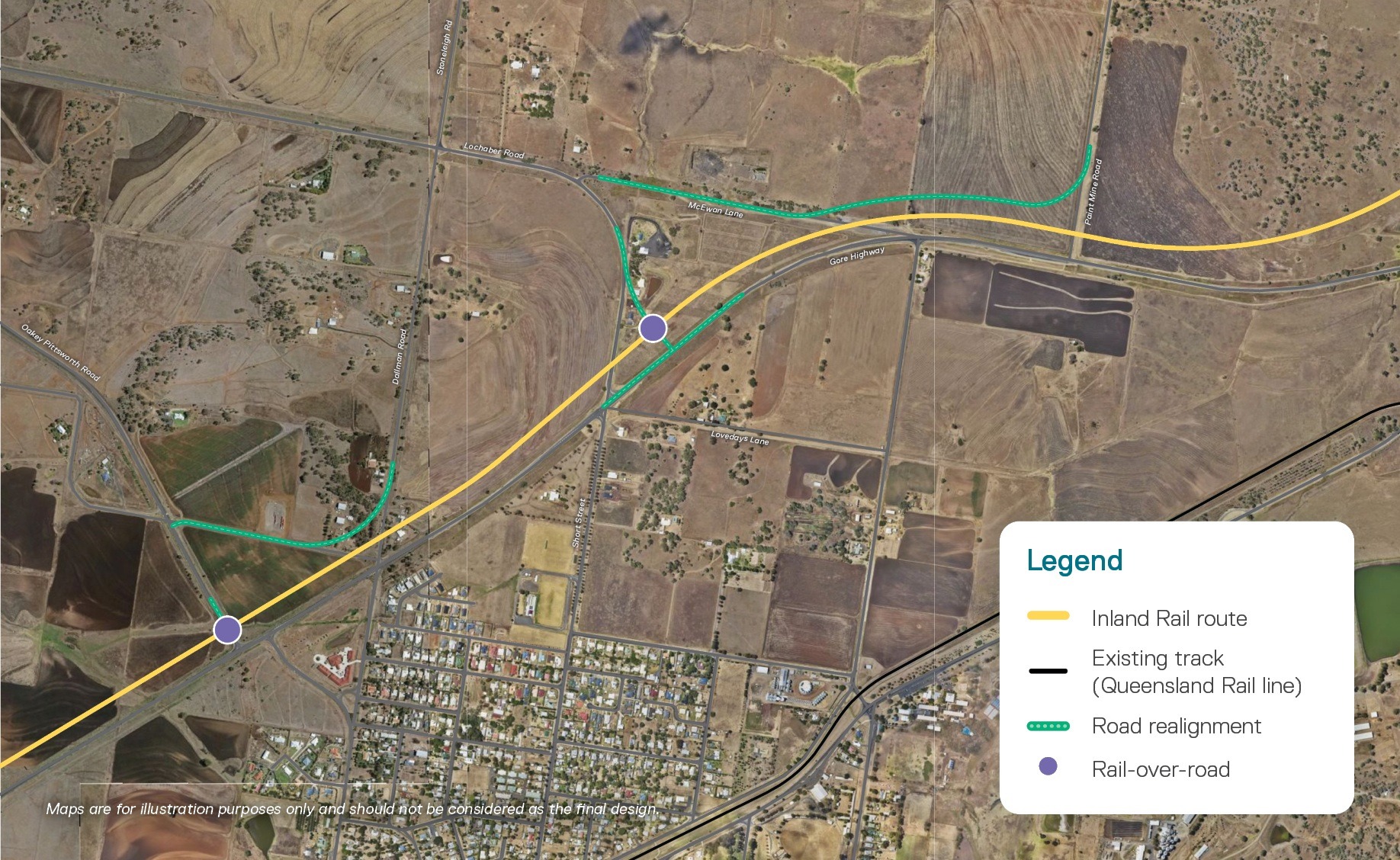 A map showing a rail alignment near the township of Pittsworth.