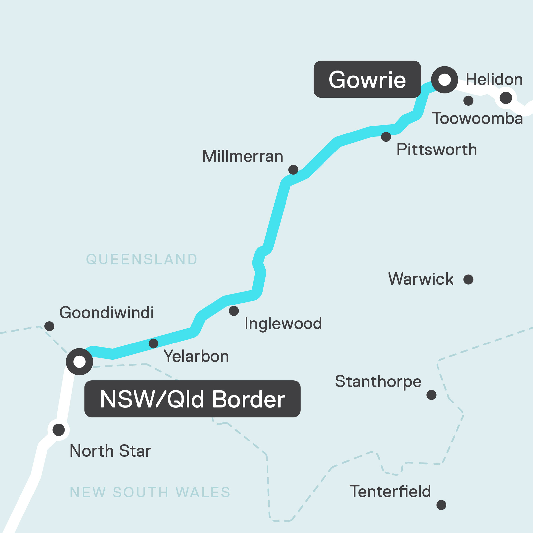 A simple map showing a rail line from the NSW/Qld border to a town with the name Gowrie.