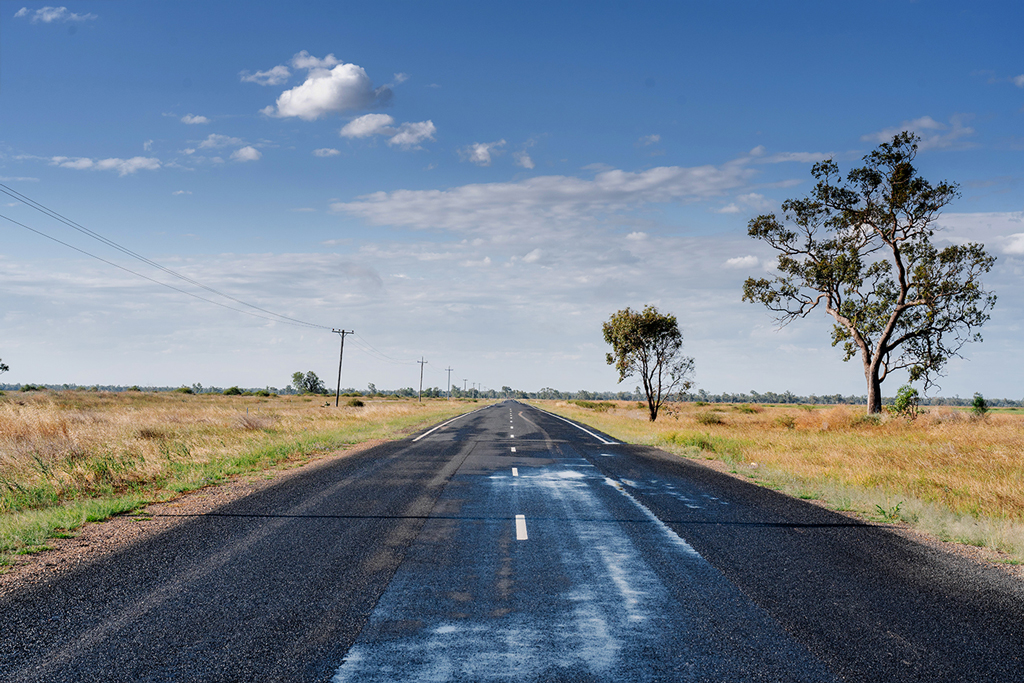 A road extends to the horizon in a rural area of flat plainland.