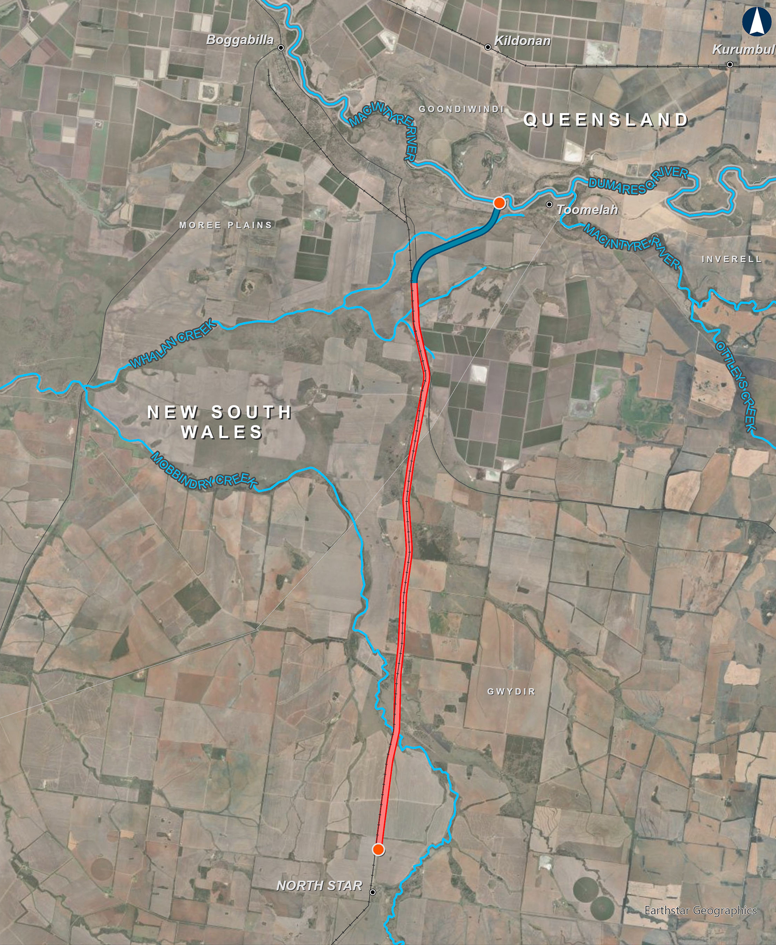 A map showing an bird's eye view of the route from North Star to the Border of NSW and Qld.