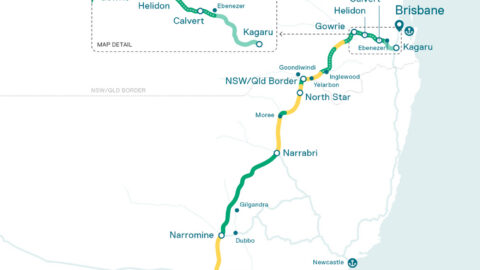 Map showing the route of Inland Rail from Melbourne to Brisbane via inland Australia