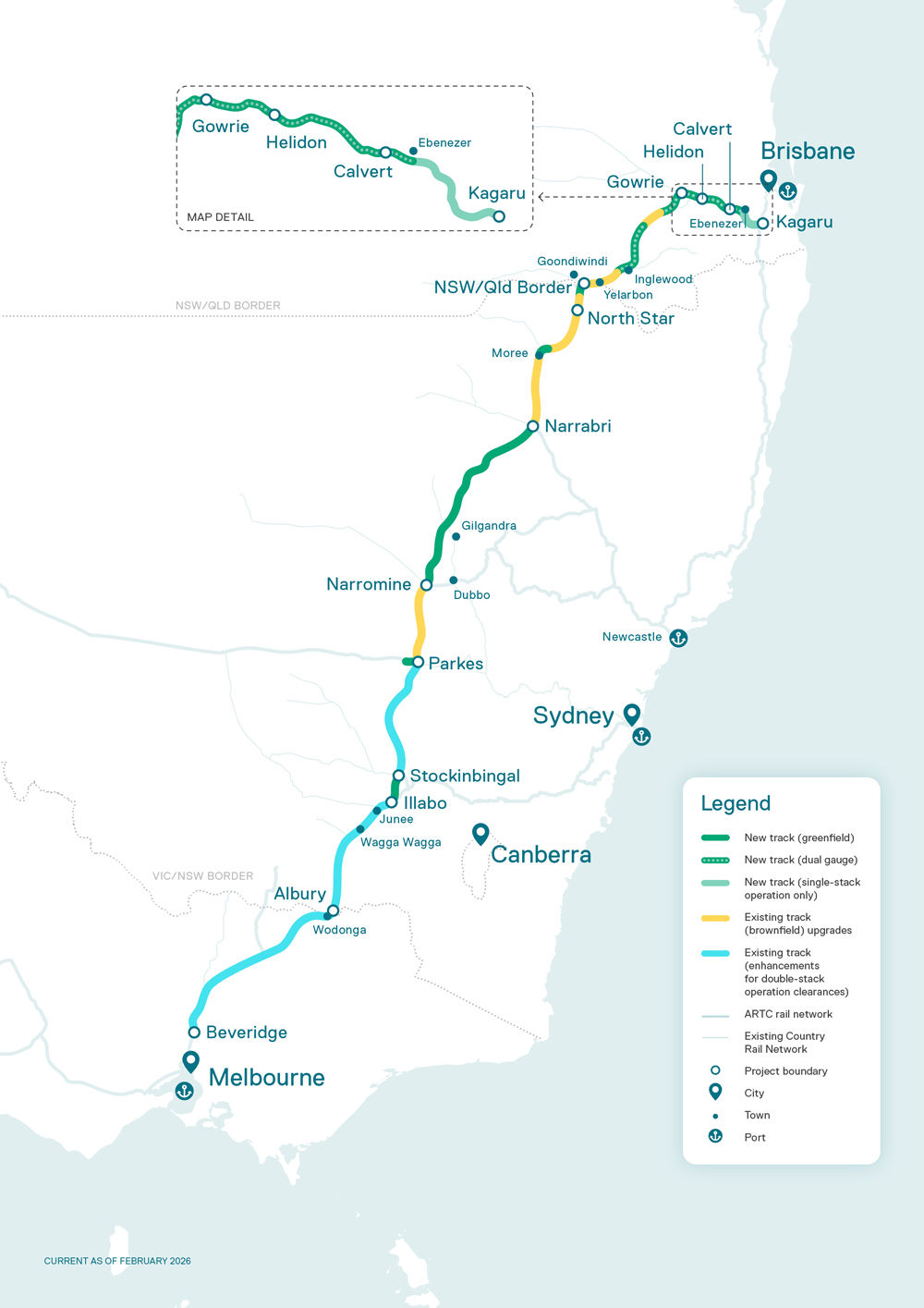 Map showing the route of Inland Rail from Melbourne to Brisbane via inland Australia