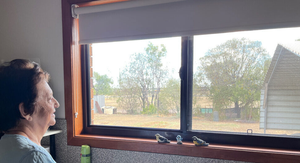 A woman looks out her window at a rural scene.