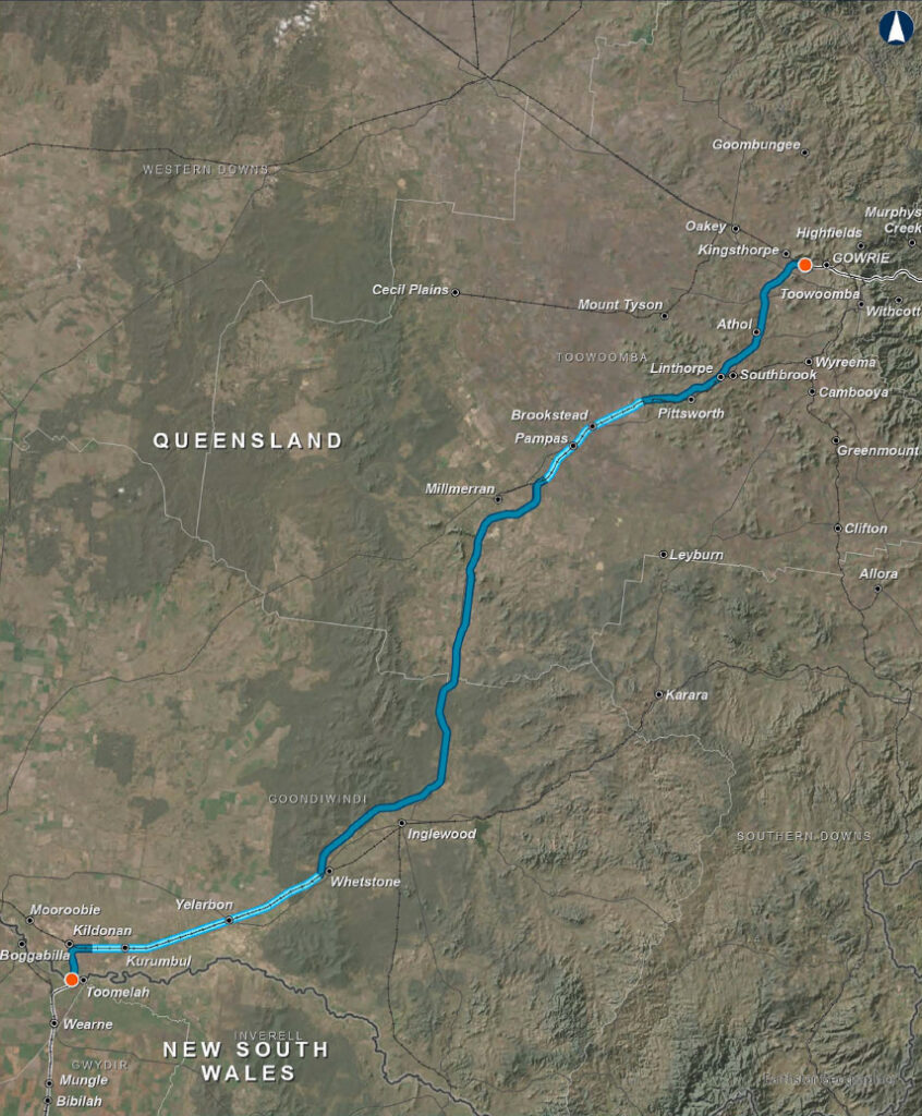A map view showing the mountainous area from the border of NSW and Queensland to Toowoomba. A blue line, indicating a railway line, stretches from the border to the town go Gowrie, past Toowoomba. The line passes towns such as Yelarbon, Whetstone, Inglewood, Millmerran, Pampas, Brookstead, Pittsworth, Linthorpe, Athol, Toowoomba.