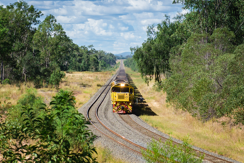 A train runs on one of two tracks that are placed in a rural area between rows of trees.